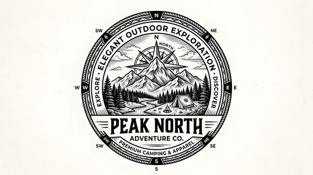 Vintage circular badge logo featuring mountains, pine trees, and a compass for outdoor exploration and mountain adventure camping gear