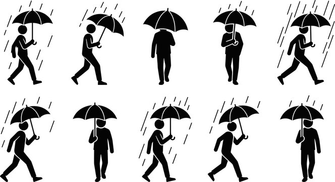 Rain and umbrella silhouettes collection, walking and weather protection design, outdoor rainy day concept, black vector illustration of people set