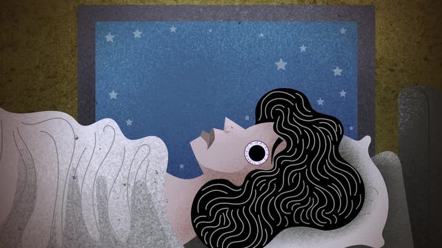 woman with insomnia watching day and night pass outside the window