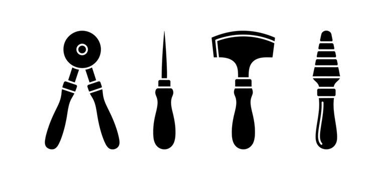 Flat vector icons of leather crafting tools isolated on a white background