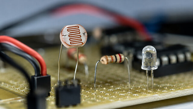 Light Dependent Resistor Component Mounted on Detailed Prototype Circuit Board