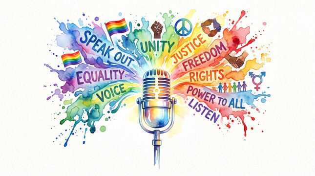 Watercolor Microphone with Equality Freedom and Human Rights Typography Illustration