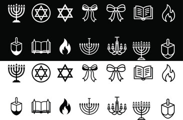 Fototapeta premium Hanukkah icons set with menorah dreidel Star of David and flames in simple line design