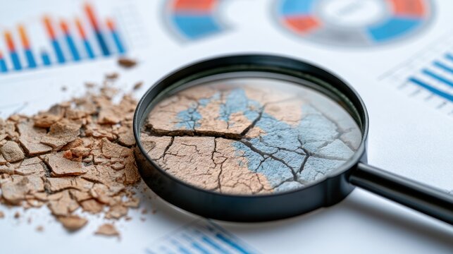 Concept image of dry cracked earth under magnifying glass focusing on environmental drought effect with financial and data chart background showing climate change impact study