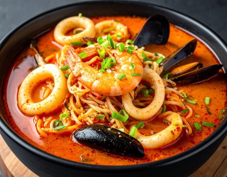 Fiery Korean Jjamppong spicy seafood noodle soup with mussels and shrimp