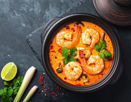 Vibrant spicy Thai Tom Yum Goong soup with jumbo shrimp in a rustic clay pot
