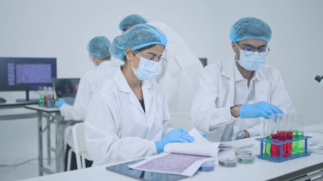 Scientists in glasses dropping liquid into test tube rack while woman reviews documents at bench with petri dishes, laboratory research teamwork.