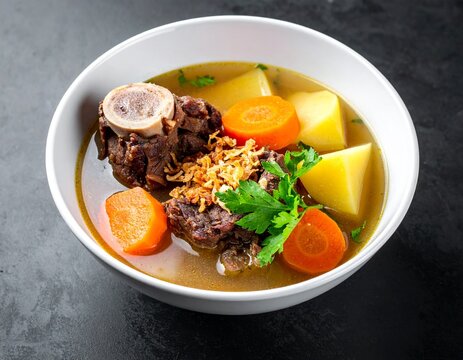 Premium Indonesian clear oxtail soup sop buntut isolated on white