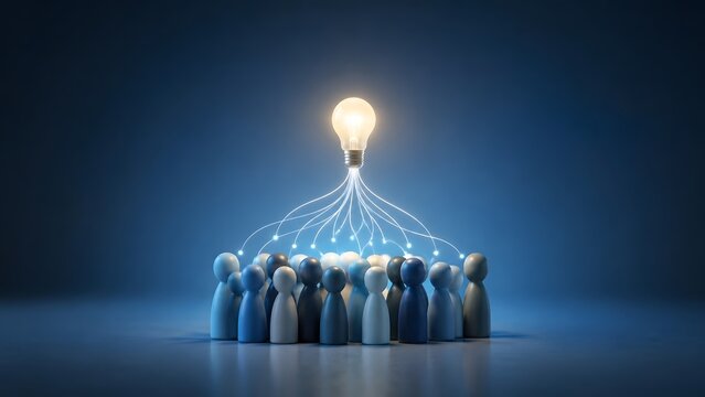 Glowing light bulb connecting to a group of wooden figures with light trails, representing networking, idea sharing, and collective intelligence.