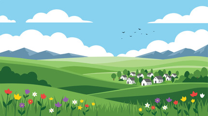 Fototapeta premium Rural Village Landscape Vector Illustration with Green Hills and Blue Sky