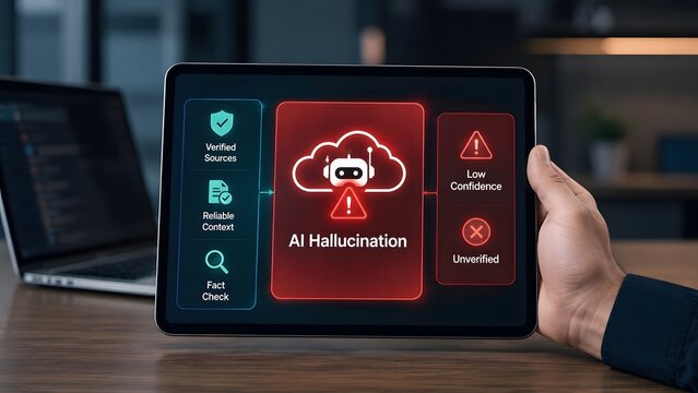 Hand holding digital tablet showing an AI hallucination alert interface with low confidence and unverified information warnings