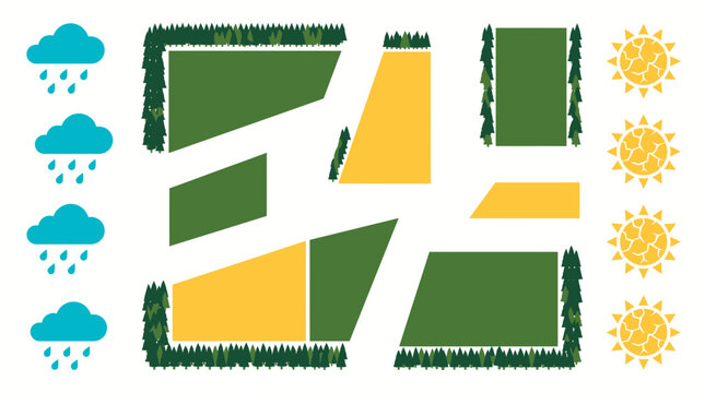Climate-Resilient Agriculture Fields and Trees, Vector Illustration