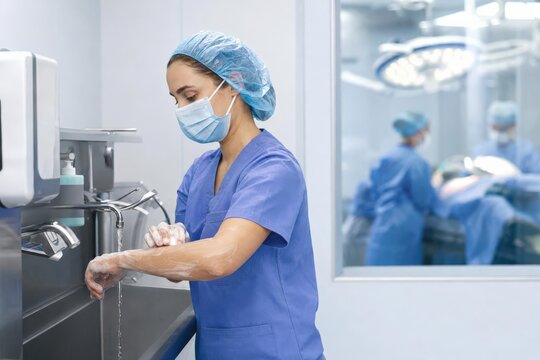 Female healthcare worker in blue scrubs washes hands at sink in surgical preparation area