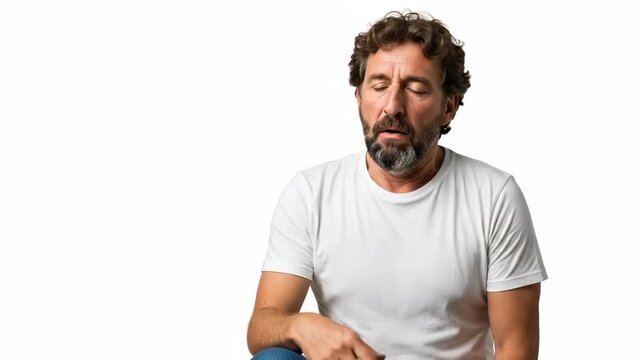 A bearded middle aged man yawning while covering his mouth with his hand