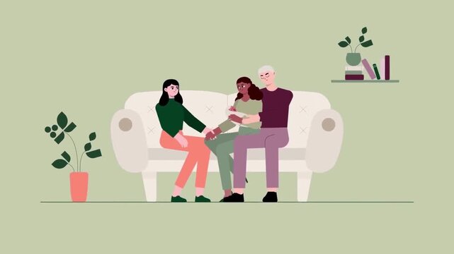 2D Animated Loving Family Sitting Together on Sofa Talking in Home Living Room Interior Flat Vector Character Animation Footage
