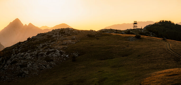 Sunset over the Maglic mountain massif seen from Prijevor saddle in Sutjeska National Park, the highest peak of Bosnia and Herzegovina at golden hour.