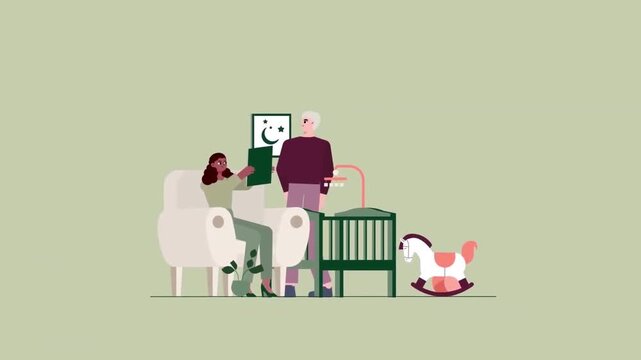 2D Animated Multi-Generational Family with Grandparents and Parents Next to Baby Crib Flat Vector Character Animation Footage