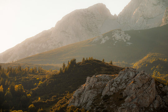 Sunset over the Maglic mountain massif seen from Prijevor saddle in Sutjeska National Park, the highest peak of Bosnia and Herzegovina at golden hour.