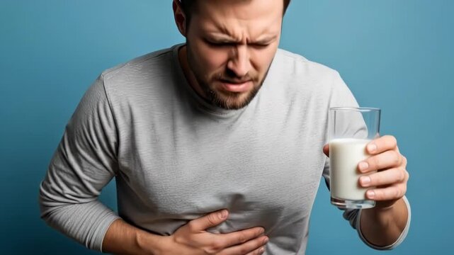 A man suffering from stomach pain while holding a glass of fresh white milk