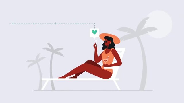 2D Animated Woman in Sunhat Relaxing on Beach Sunbed Resort Drinking Cocktail with Palm Trees Flat Vector Character Animation Footage