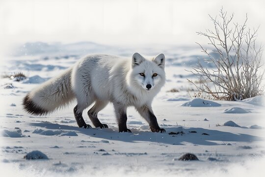 Arctic fox scavenging for food in winter