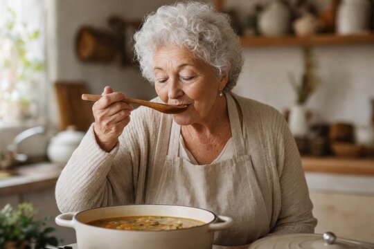 Elderly woman tasting homemade vegetable soup in cozy kitchen with wooden shelves and utensils