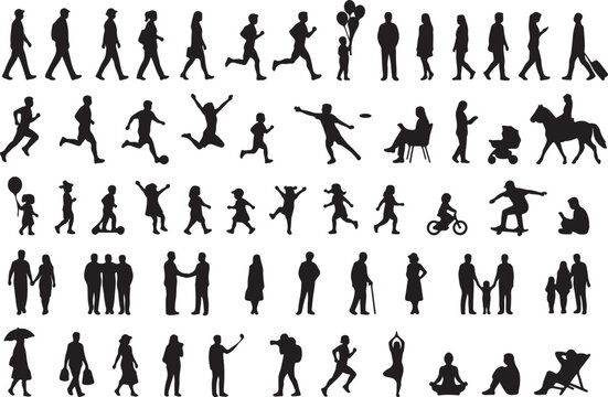 Set of various people silhouettes in different daily life activities