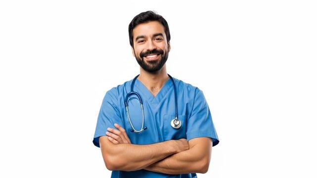 A smiling male doctor wearing blue scrubs with a stethoscope around his neck