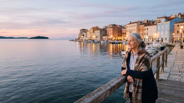 Senior woman with shawl gazing at colorful coastal town at dawn