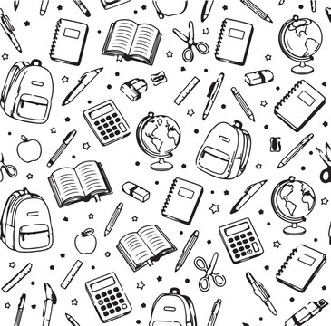 Seamless pattern with hand drawn school and education supplies