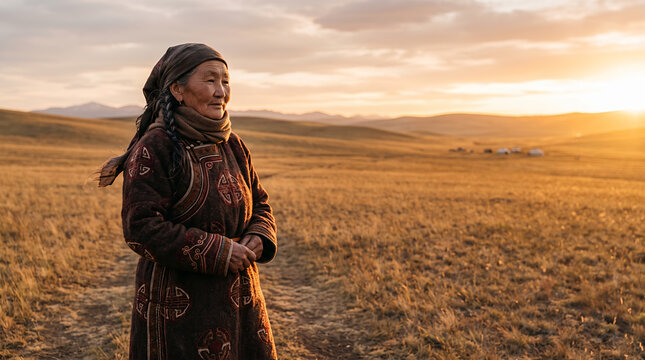 Senior Mongolian woman in traditional dress on steppe at sunset