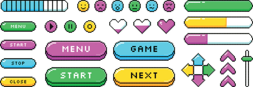 Pixel art retro game control ui asset set with buttons hearts arrows cursor vector