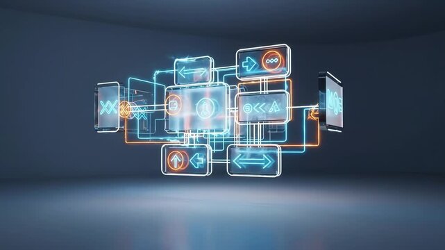 A glowing digital network of interconnected neon data panels in dark space