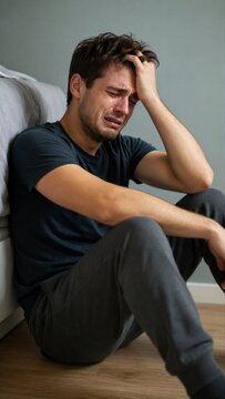 Man crying sitting on floor in bedroom. Depressed male feeling grief and sorrow. Mental health struggle, solitude, heartbreak, emotional pain, loneliness and sadness concept scene.