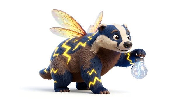 Cute badger character with insect wings holding a glowing light bulb
