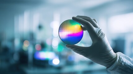 Fototapeta premium Scientist s gloved hand holding a polished silicon wafer shimmering with rainbow reflections, cleanroom laboratory softly blurred behind