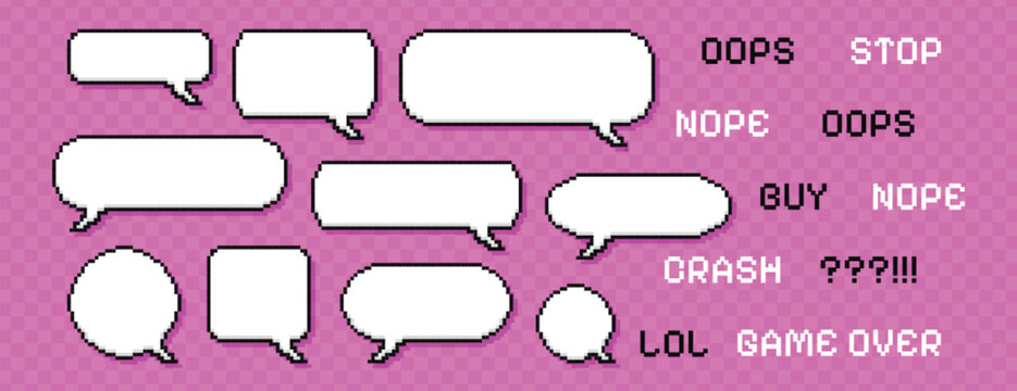 Set of pixel art speech bubbles and thought clouds for retro 8 bit game vector