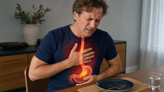 Man suffering from acid reflux and heartburn at dining table. Concept of gastroesophageal disease and stomach pain after meal. Medical illustration of esophagus and digestive system problem.