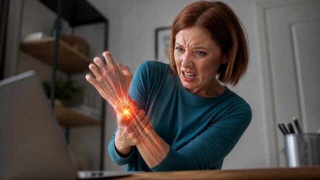 Woman feeling wrist pain while working on laptop. Office employee suffering from carpal tunnel syndrome illustrated with skeletal anatomy. Health concept and medical digital visualization.