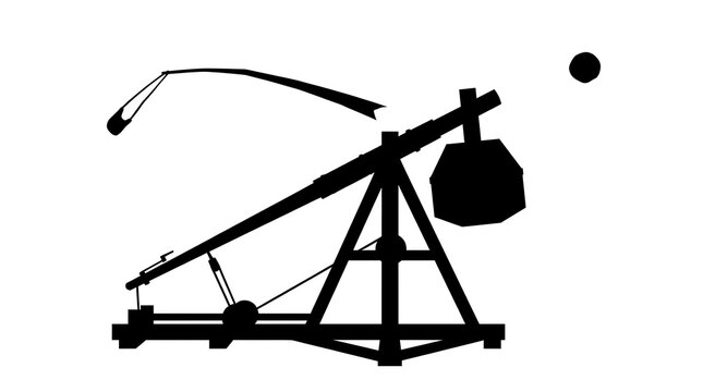 Medieval trebuchet catapult firing a stone