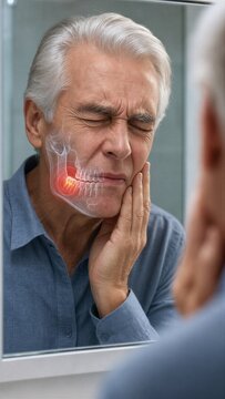Senior man touching cheek because of severe toothache. Digital illustration of jaw and tooth pain highlighting dental problem. Concept of oral health care and dentistry treatment at home.