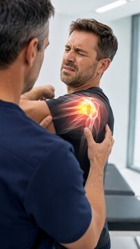 Physiotherapist examining shoulder pain of a man patient. Concept of joint inflammation and injury. Medical diagnosis and clinical treatment of muscle ache in sports medicine clinic.