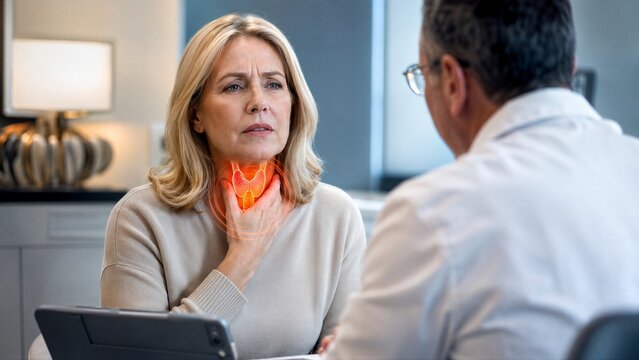 Woman patient pointing at painful thyroid area while male doctor listens. Medical consultation for endocrine system illness. Concept of diagnosis, treatment, and health care services.