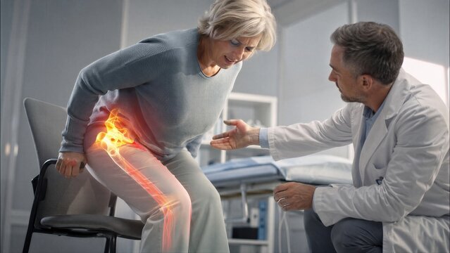 Mature woman with hip pain consulting doctor in clinic. Senior patient struggling to stand up with highlighted anatomy of skeletal joint. Medical examination and orthopedic diagnosis concept.