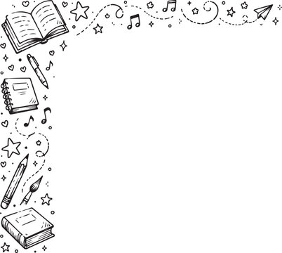 School supply doodle border with books and pencils on white background