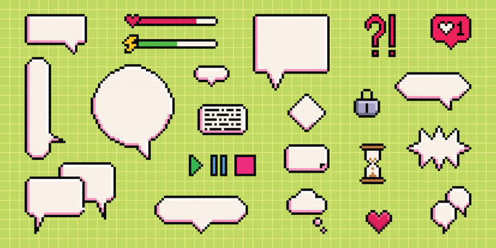 Classic pixel art dialogue speech bubbles set for game UI elements and comic chat vector