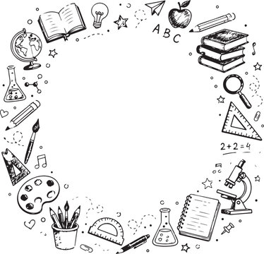 Hand drawn school supply icons arranged in a circular frame design