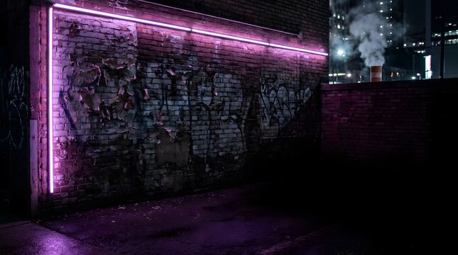 Neon pink light strip illuminating a dark urban brick wall at night