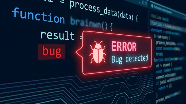 Cybersecurity warning alert showing bug detected error message over computer screen code for software glitch and malware threat troubleshooting
