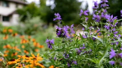 Obraz premium A bee gathers nectar from vibrant purple flowers amid lush greenery and orange blooms in a thriving garden setting